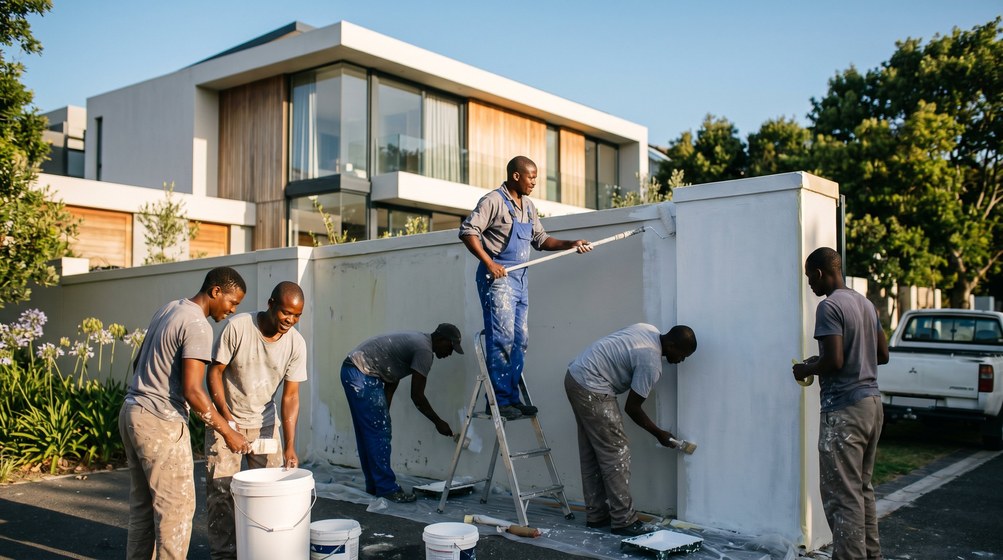 Professional team painting a boundary wall at a modern home in West Beach