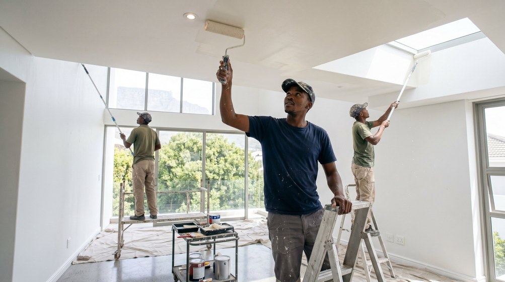 Professional ceiling painters rolling white paint onto a high ceiling in West Beach