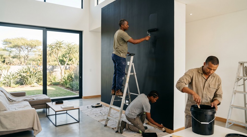 Professional painters creating a bold black feature wall in a modern West Beach home