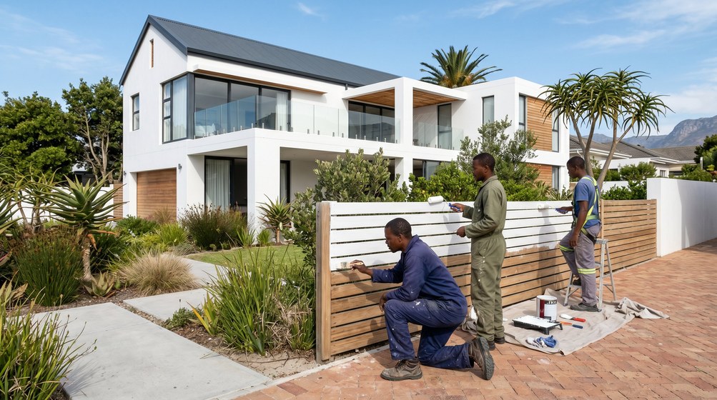 Professional fence painters painting a wooden fence at a West Beach home in West Beach