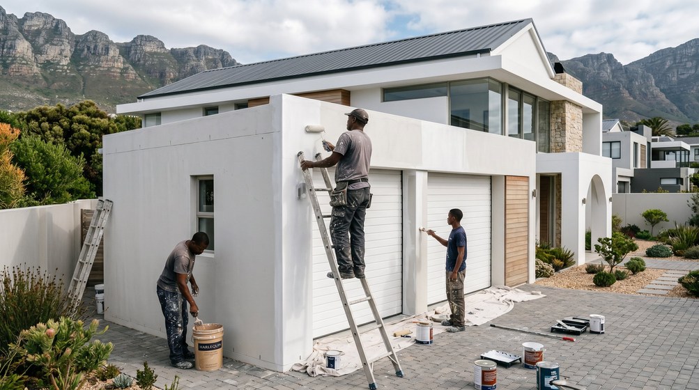 Professional painters painting a double garage exterior and garage doors in West Beach
