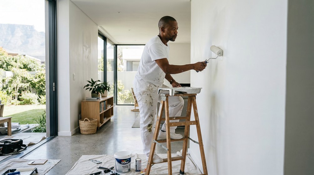 Professional interior painter in West Beach painting walls with a roller