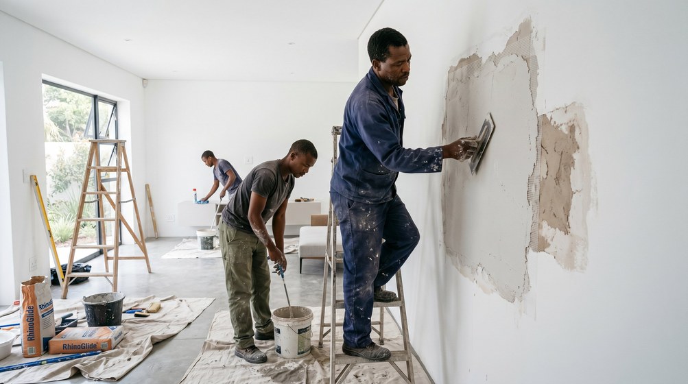 Professional plaster repair team skim coating damaged walls in West Beach