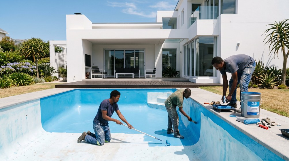 Professional pool painters applying blue pool paint to a swimming pool in West Beach