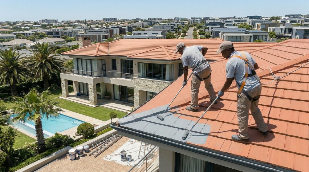 Concrete tile roof being repainted on an Edgemead home
