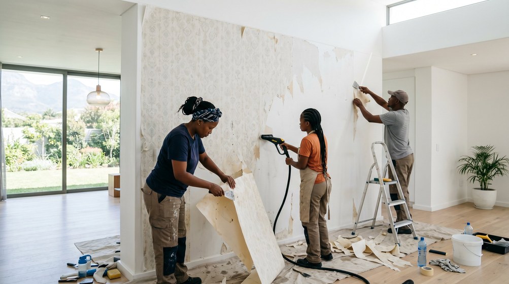 Professional wallpaper removal team stripping old wallpaper in a West Beach home