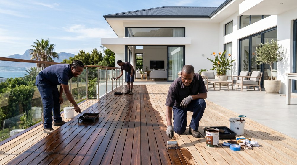 Professional wood staining team applying deck stain on a home in West Beach